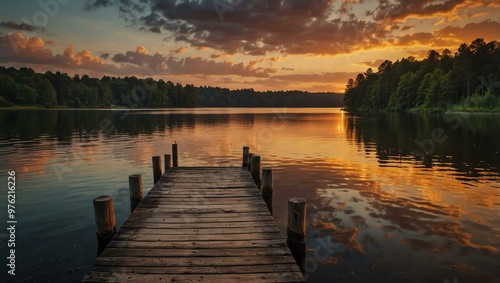 Sunset over a tranquil lake with a wooden pier.