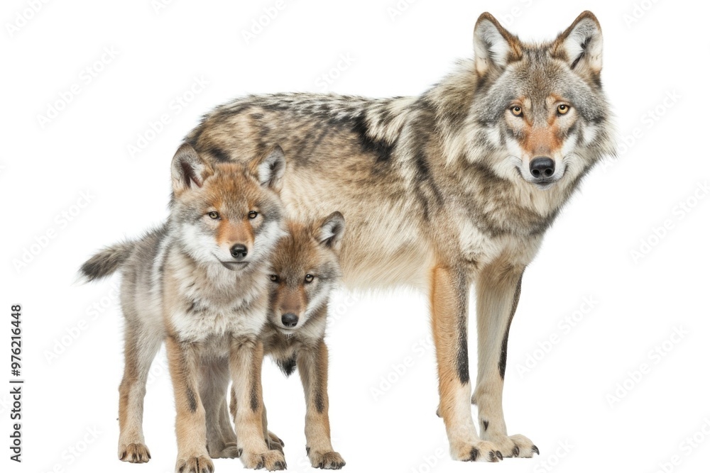 A mother wolf surrounded by her two adorable cubs in a forest setting A mother wolf surrounded by her two adorable cubs in a forest setting