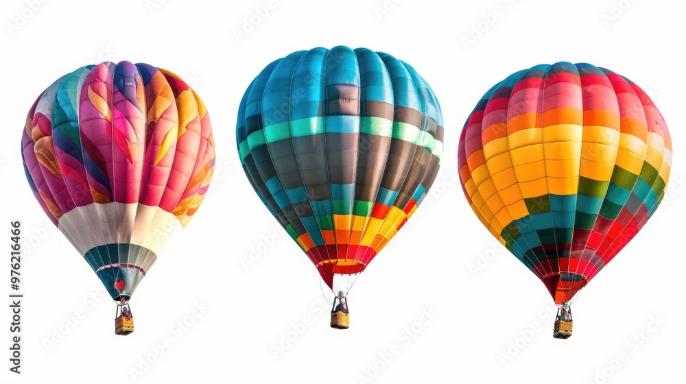 Three colorful hot air balloons soar through a blue sky, a symbol of adventure and freedom Three colorful hot air balloons soar through a blue sky, a symbol of adventure and freedom
