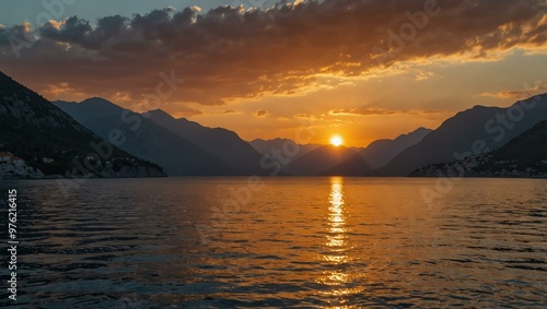 Sunset over Montenegro fjord.