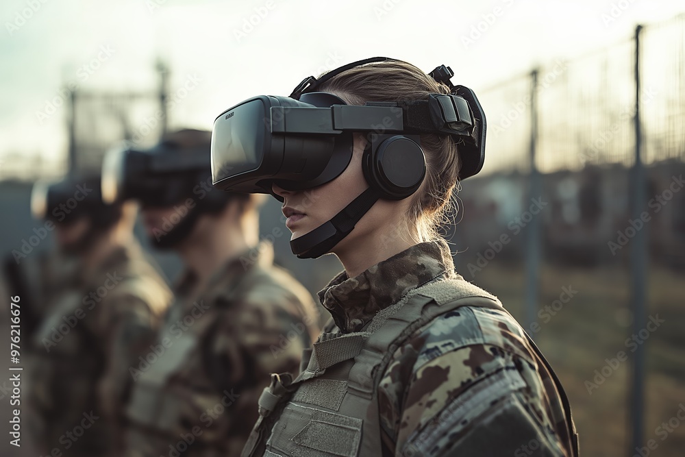 Fototapeta premium Soldiers training in virtual reality headset, immersive military simulation, technology in defense, military training advancement concept