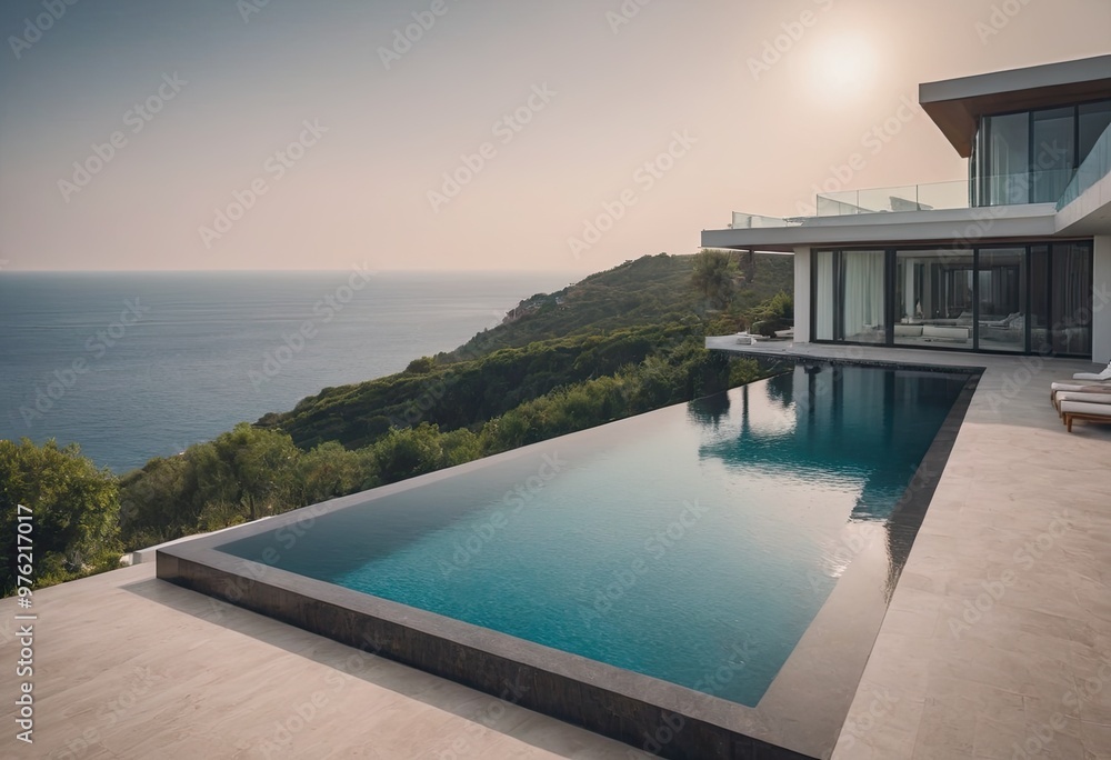 A beautiful white house with a refreshing pool in front A beautiful white house with a refreshing pool in front
