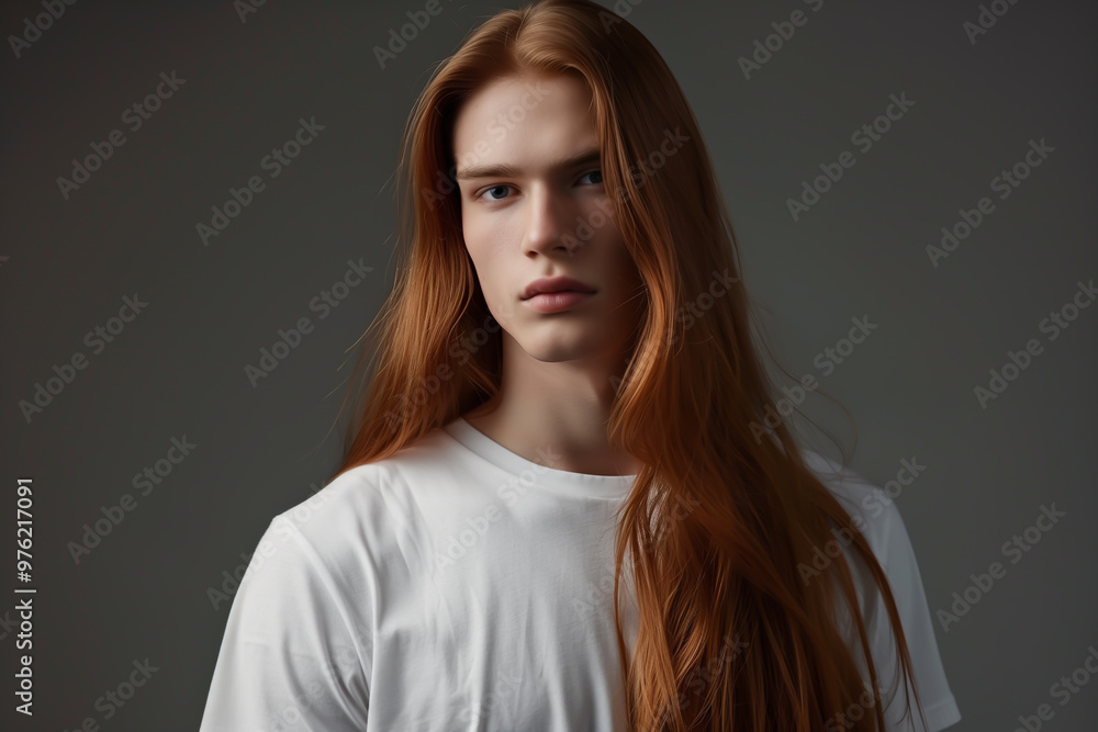 Close-up portrait of a very handsome young androgynous person with long red hair, green eyes, and a white t-shirt - isolated, dark background, copy space Close-up portrait of a very handsome young androgynous person with long red hair, green eyes, and a white t-shirt - isolated, dark background, copy space