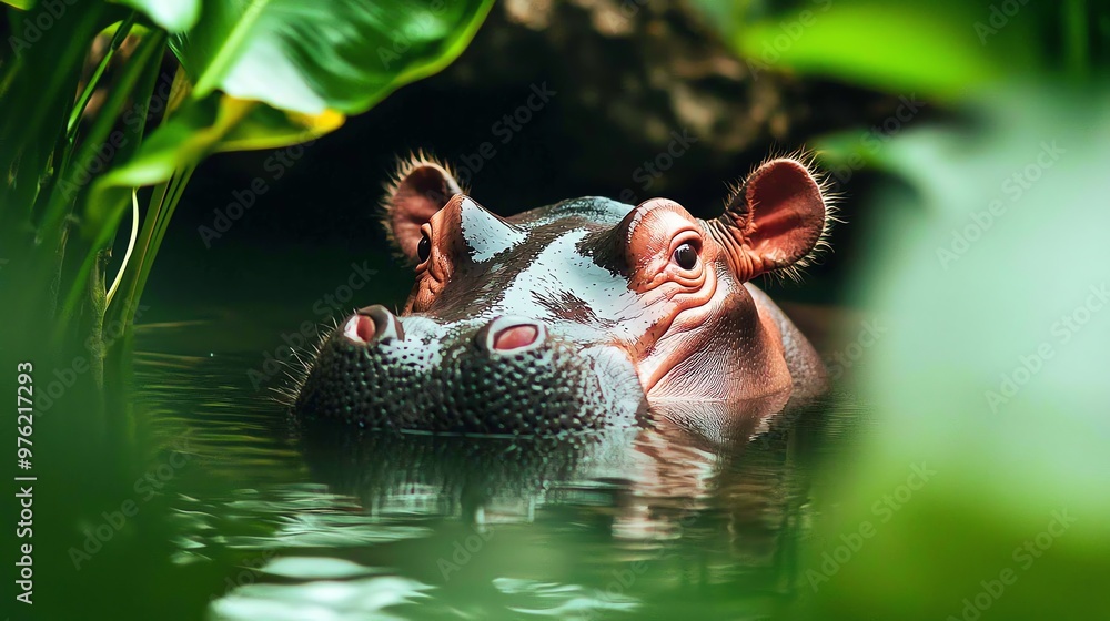 Fototapeta premium A serene hippo peacefully submerged in water, surrounded by lush greenery, showcasing nature's harmony and the beauty of wildlife.