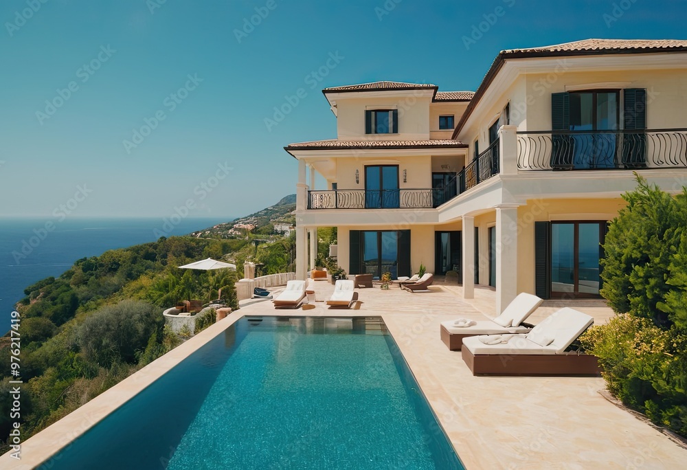 Fototapeta premium A beautiful white house with a refreshing pool in front