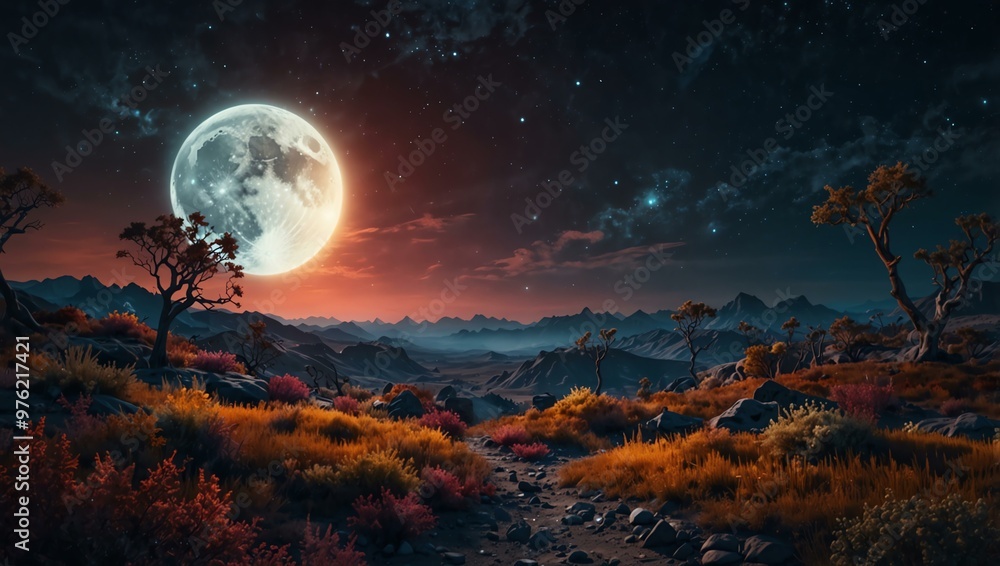 Surreal landscape under a large glowing moon with colorful vegetation. Surreal landscape under a large glowing moon with colorful vegetation.