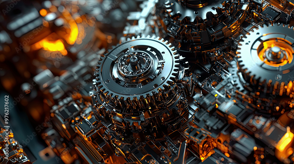 Macro shot of robotic gears, intricate mechanical details, reflective surfaces Macro shot of robotic gears, intricate mechanical details, reflective surfaces