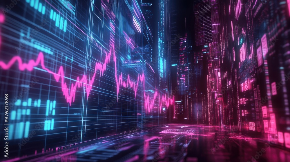 A futuristic cityscape made of glowing data and graphs. A futuristic cityscape made of glowing data and graphs.