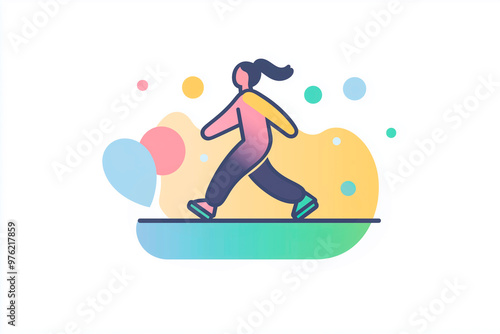 Illustration of a person walking with vibrant abstract circles in the background, simple and minimalist style.