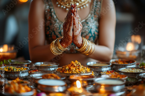 An Indian woman engaged in the preparation of food offerings for Pitru Paksha ritual photo