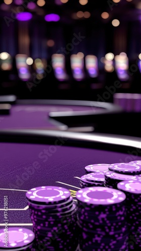 a purple casino table with several poker chips photo