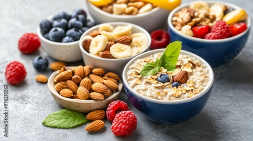 Oatmeal with almonds, banana, raspberries, and blueberries in a blue bowl.