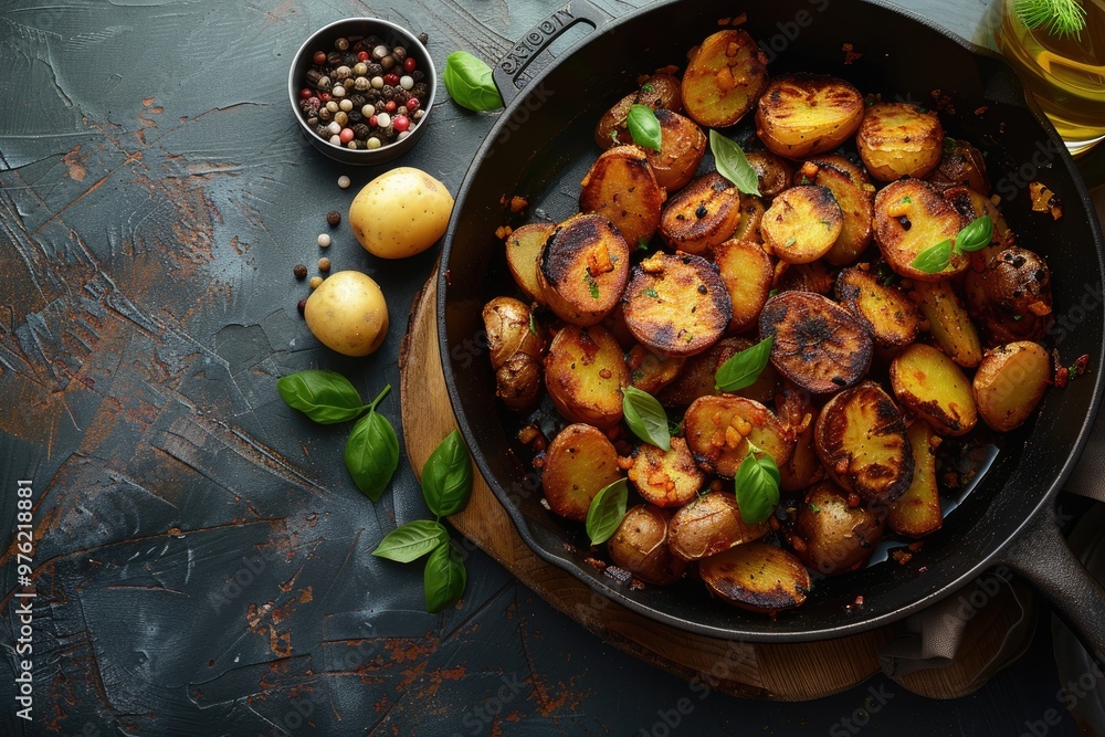 Crispy fried potatoes in a pan with basil. Perfect for showcasing a delicious meal or recipe. Crispy fried potatoes in a pan with basil. Perfect for showcasing a delicious meal or recipe.