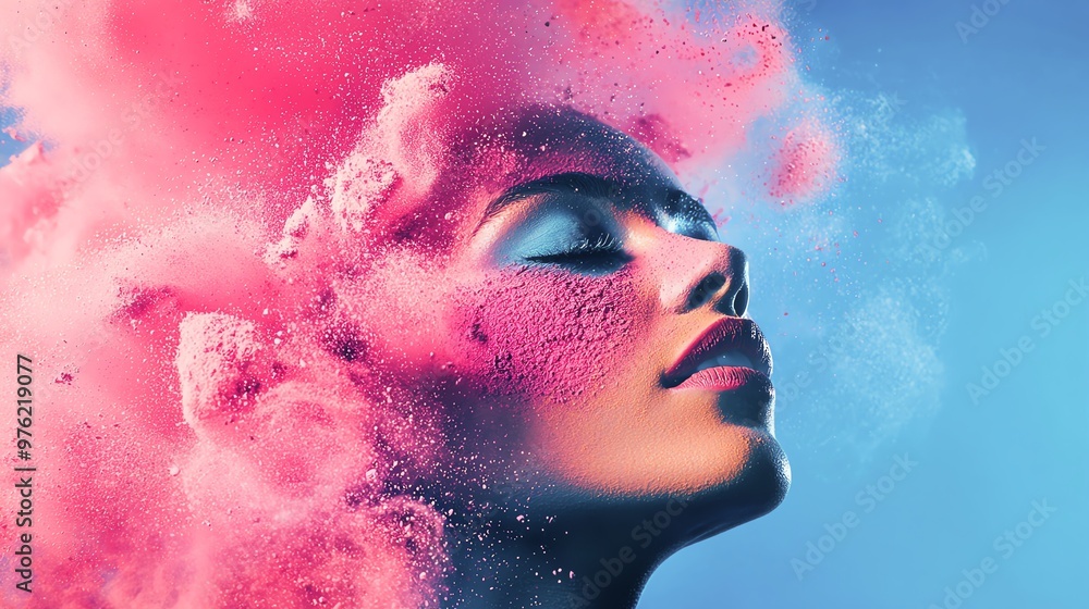 A vibrant portrait of a woman with stunning pink hair and striking makeup, showcasing creativity and bold artistic expression. A vibrant portrait of a woman with stunning pink hair and striking makeup, showcasing creativity and bold artistic expression.