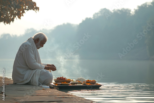 An elderly Indian priest preparing food offerings for Pitru Paksha ritual as ancestral worship. photo