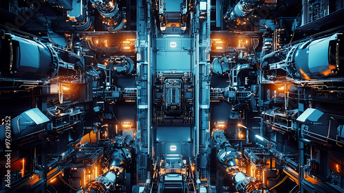 Overhead shot of advanced robotic machinery, glowing industrial lights, sharp reflections