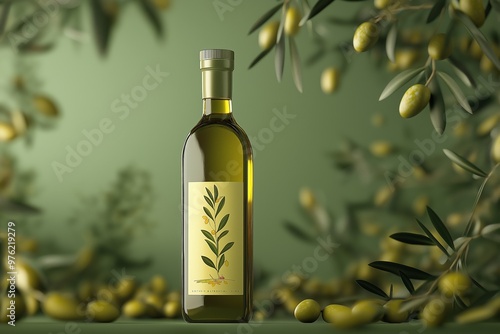Close-up of olive oil bottle with label, surrounded by olives and olive branches, green background, natural lighting concept