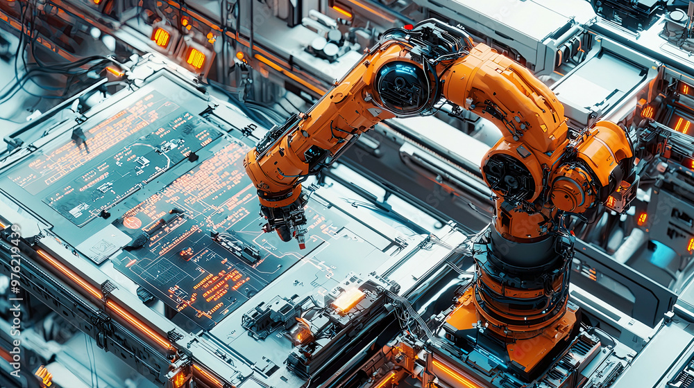 Overhead shot of an industrial robot arm in a smart factory, handling assembly tasks with precision, glowing control panels, modern automation technology, ultra-detailed Overhead shot of an industrial robot arm in a smart factory, handling assembly tasks with precision, glowing control panels, modern automation technology, ultra-detailed