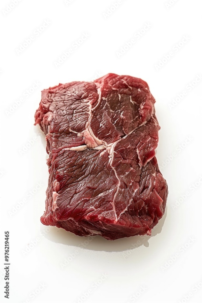Obraz premium Close-up shot of raw steak on a white surface, ideal for food-related content and illustrations
