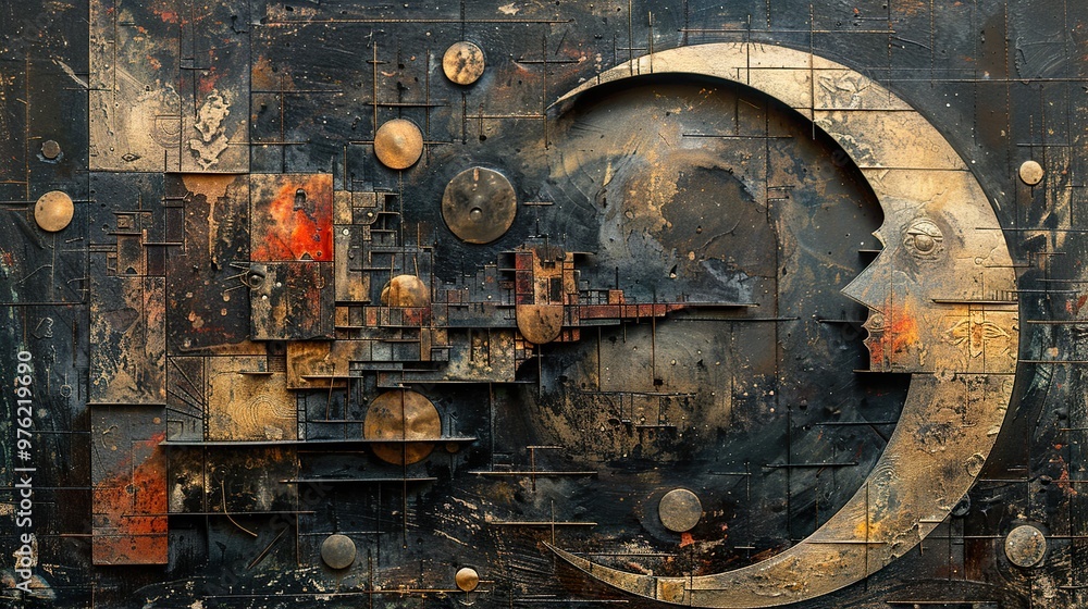 Abstract Metal Collage with Celestial Motifs Abstract Metal Collage with Celestial Motifs