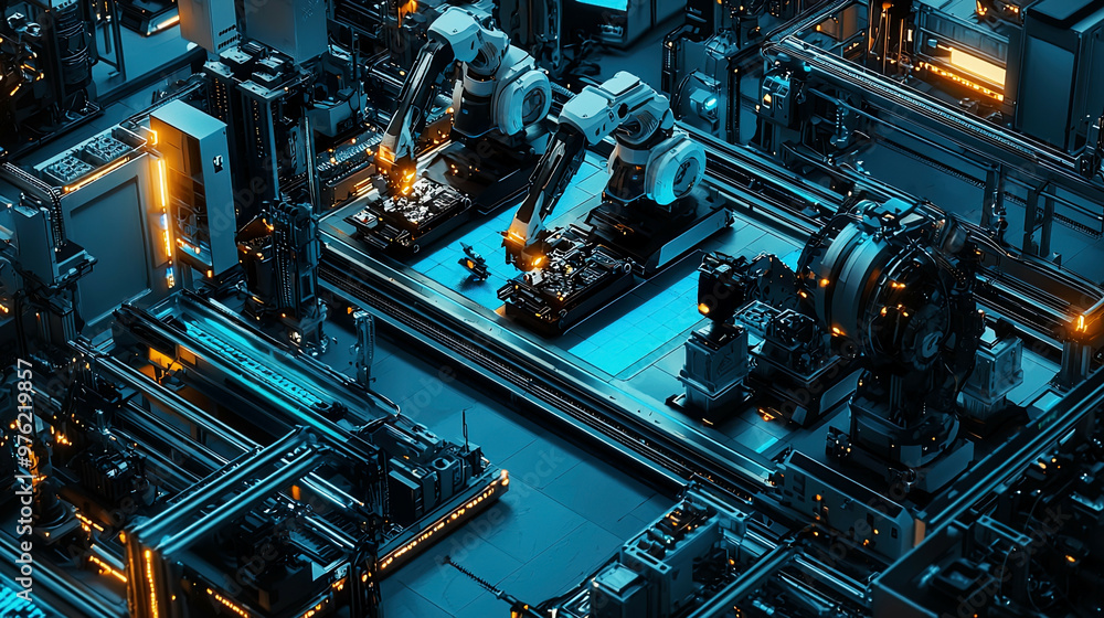Overhead view of a high-tech robotics production floor, robots assembling machines, glowing blue accents, ultra-realistic