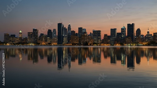 The city skyline reflects beautifully on calm waters at dusk.