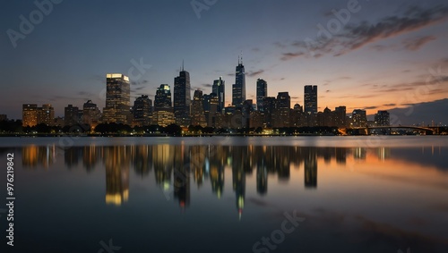 The city skyline reflects beautifully on calm waters at dusk.