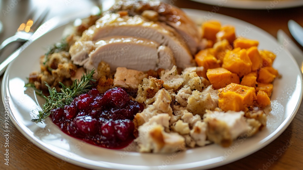 Delicious Thanksgiving Feast Close-up with Turkey, Stuffing, Cranberry Sauce, and Sweet Potatoes on Plate Delicious Thanksgiving Feast Close-up with Turkey, Stuffing, Cranberry Sauce, and Sweet Potatoes on Plate