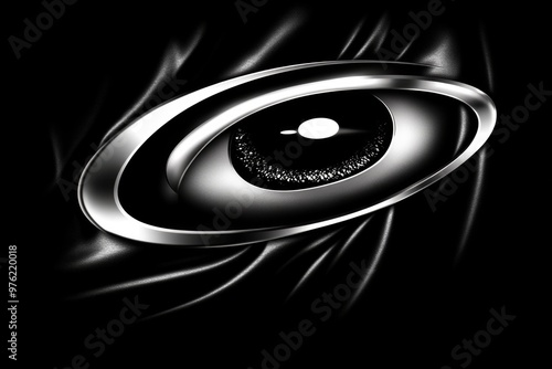 Futuristic metallic eye design on black silk background