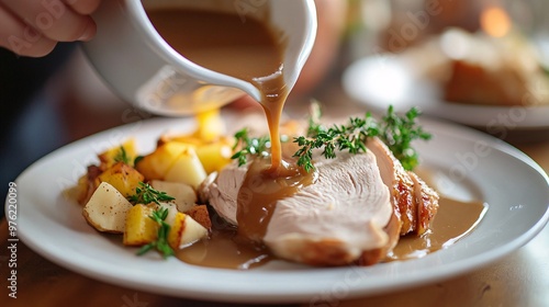 Festive Thanksgiving Dinner Scene - Person Pouring Delicious Gravy over Turkey Slice on Plate