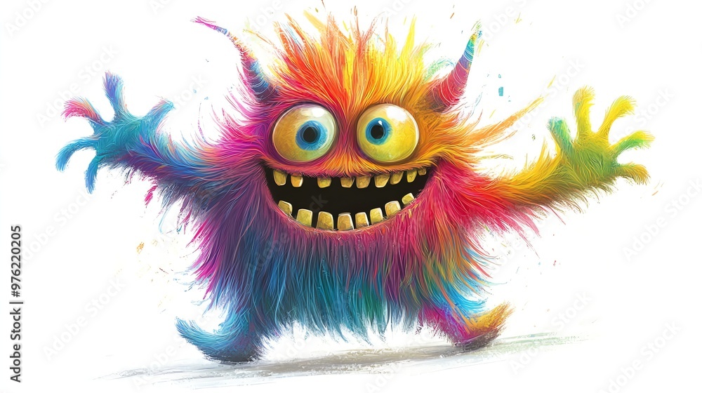 A colorful, furry monster with a big smile and mismatched teeth. A colorful, furry monster with a big smile and mismatched teeth.