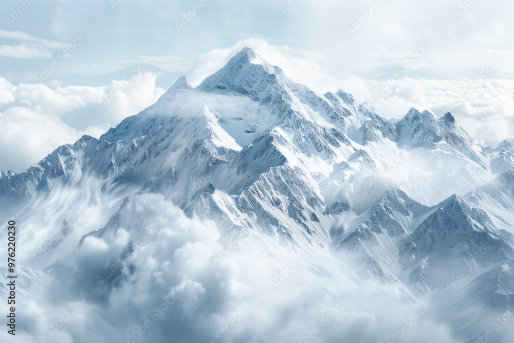 A majestic mountain peak shrouded in a blanket of snow and clouds, perfect for winter or adventure scenes A majestic mountain peak shrouded in a blanket of snow and clouds, perfect for winter or adventure scenes