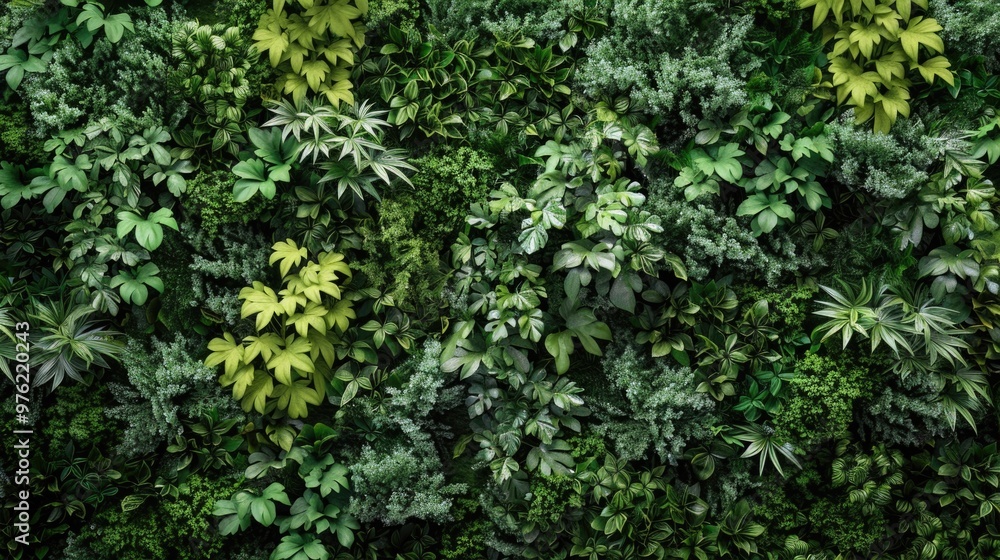 A green wall covered with various plants and foliage A green wall covered with various plants and foliage