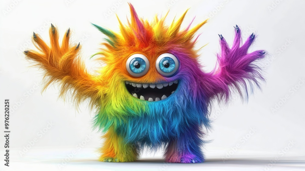 A colorful, furry monster with big, happy eyes smiles and waves with both hands. A colorful, furry monster with big, happy eyes smiles and waves with both hands.