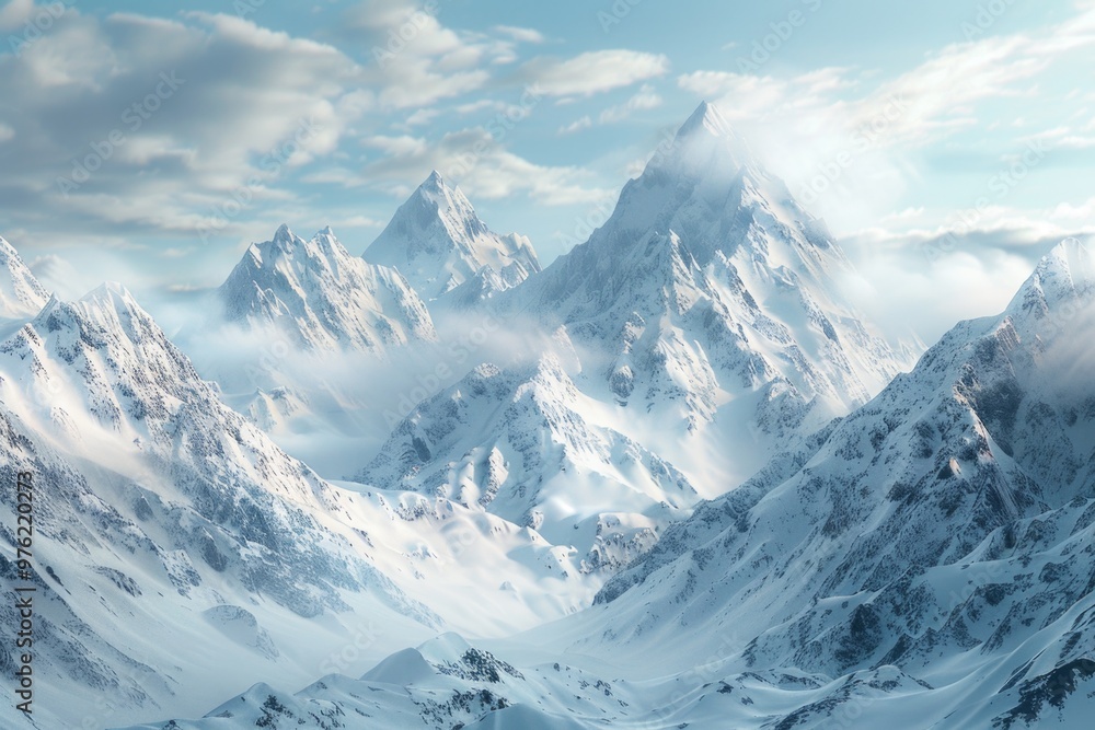Fototapeta premium A serene landscape of snowy mountains and cloudy skies