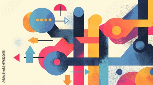 Colorful abstract shapes and arrows create a dynamic composition, perfect for modern designs and creative projects.