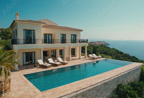 A beautiful white house with a refreshing pool in front