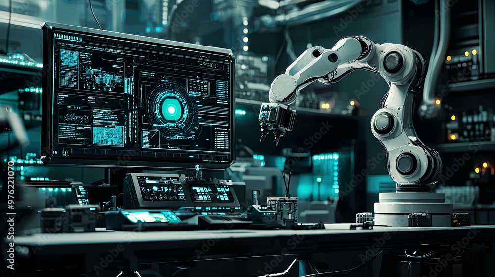 Photorealistic scene of a smart robot equipped with a vision sensor camera system in a futuristic manufacturing facility, Industry 4.0 technology, glowing control panels, ultra-detailed Photorealistic scene of a smart robot equipped with a vision sensor camera system in a futuristic manufacturing facility, Industry 4.0 technology, glowing control panels, ultra-detailed