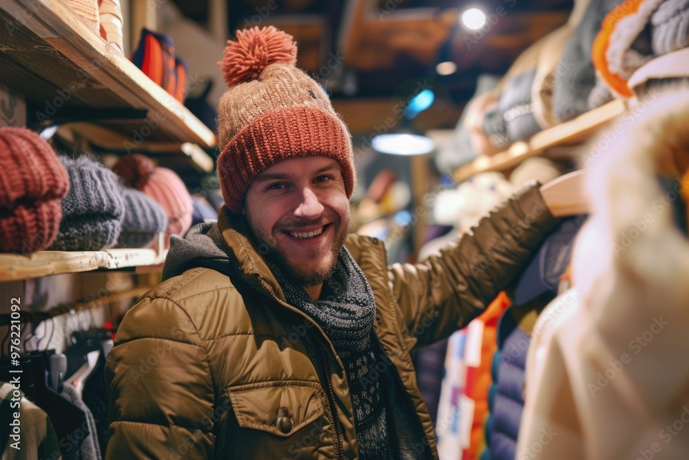 Obraz premium A man wearing a hat and jacket in a store, possibly shopping or browsing