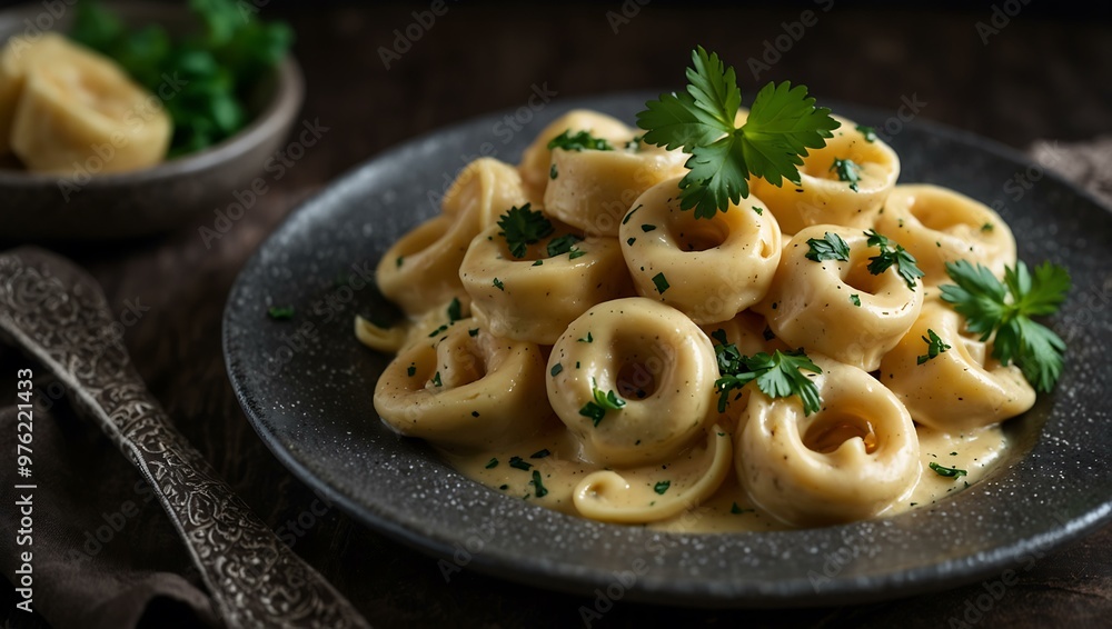 Tortellini in creamy Alfredo sauce with parsley on a dark plate. Tortellini in creamy Alfredo sauce with parsley on a dark plate.