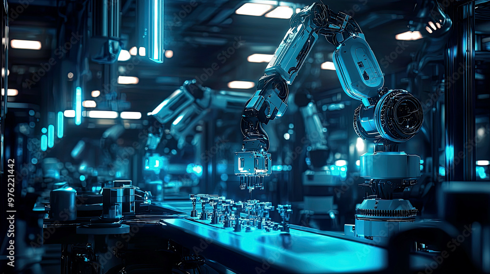 Fototapeta premium Photorealistic scene of robots assembling parts, glowing blue lights, ultra-realistic environment