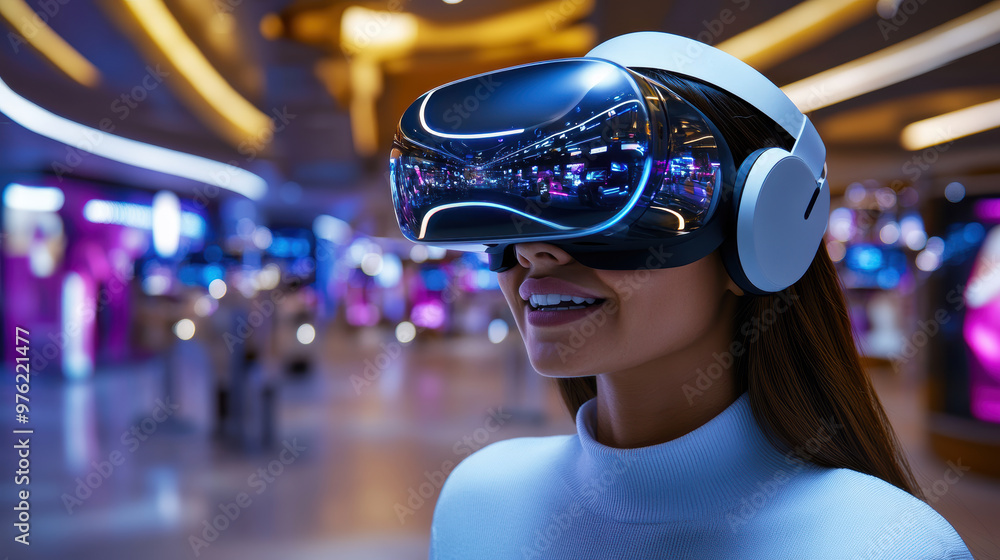 A woman wearing virtual reality headset enjoys an immersive experience A woman wearing virtual reality headset enjoys an immersive experience