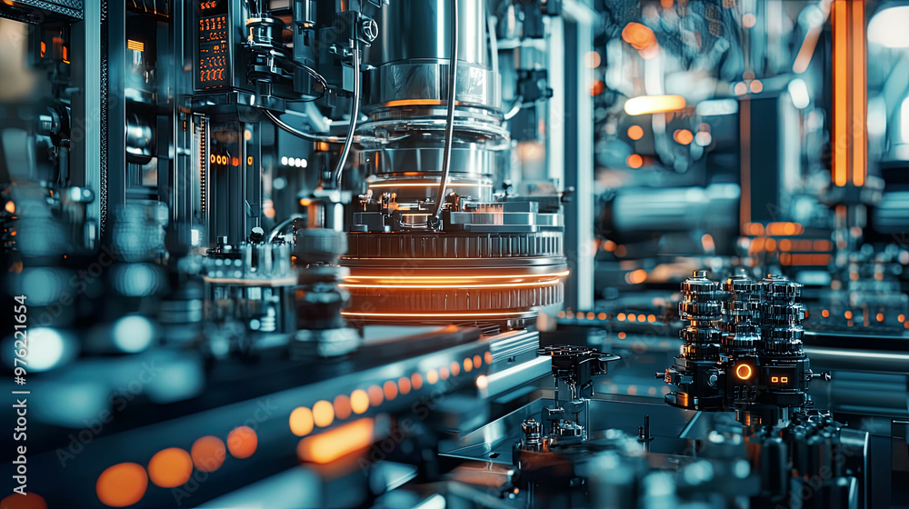 Photorealistic shot of automated manufacturing machines, controlled by a central computer system, glowing digital interface, sharp metallic textures, high-tech environment Photorealistic shot of automated manufacturing machines, controlled by a central computer system, glowing digital interface, sharp metallic textures, high-tech environment