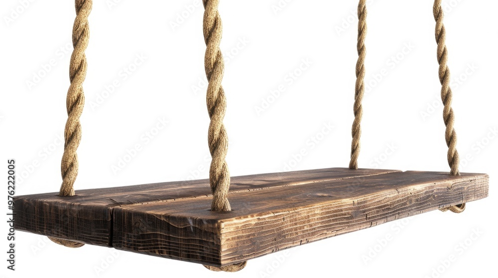 A rustic wooden swing suspended from a sturdy rope, perfect for a backyard or garden setting