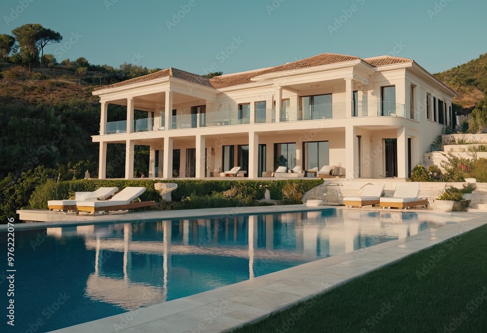 Fototapeta premium A beautiful white house with a refreshing pool in front