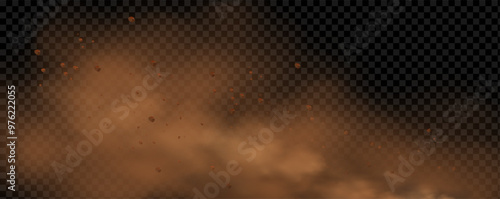Vector background of a sand explosion with dirt and cloud smoke. Brown sandstorm splash and  dirty ground with a textured wind effect.Yellow flying particles and stone.
