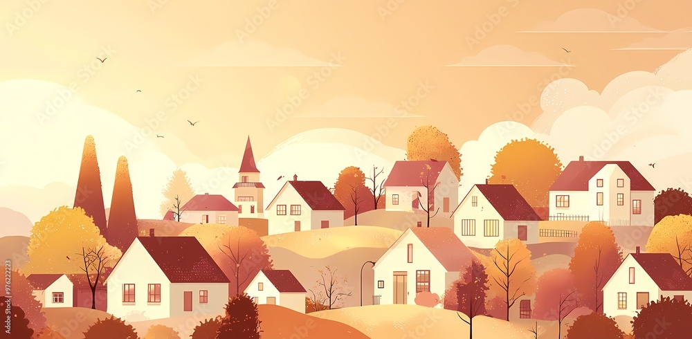 Charming autumn village scene with cozy houses and warm sunset hues. Charming autumn village scene with cozy houses and warm sunset hues.