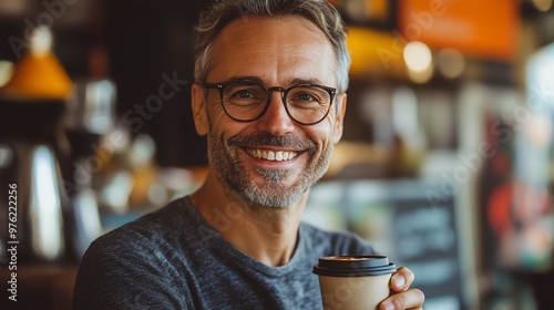 A middle-aged man with glasses smiles broadly while holding a cup of coffee.