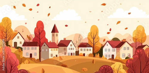 Charming autumn village with colorful trees and quaint houses under a soft sky.