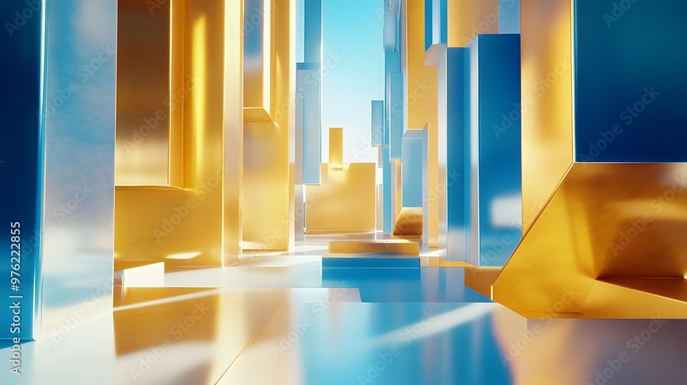 Fototapeta premium 3d rendering of golden and blue abstract geometric background. Scene for advertising, technology, showcase, banner, game, sport, cosmetic, business, metaverse. Sci-Fi Illustration. Product display